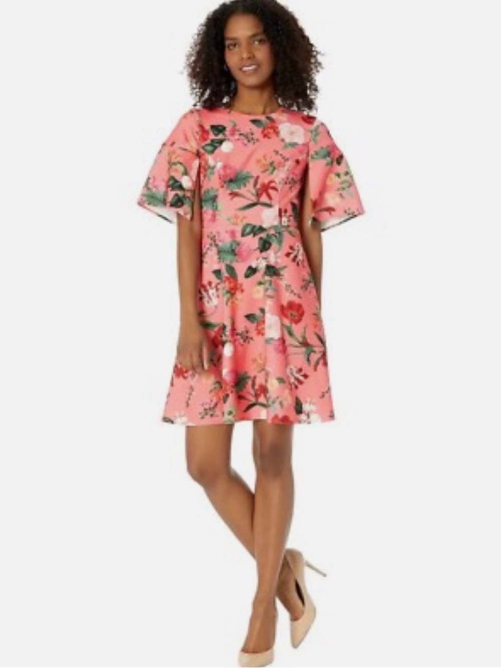 Vince Camuto Scuba Crepe Split Floral Fit & Flare Dress | Coral | Size 12